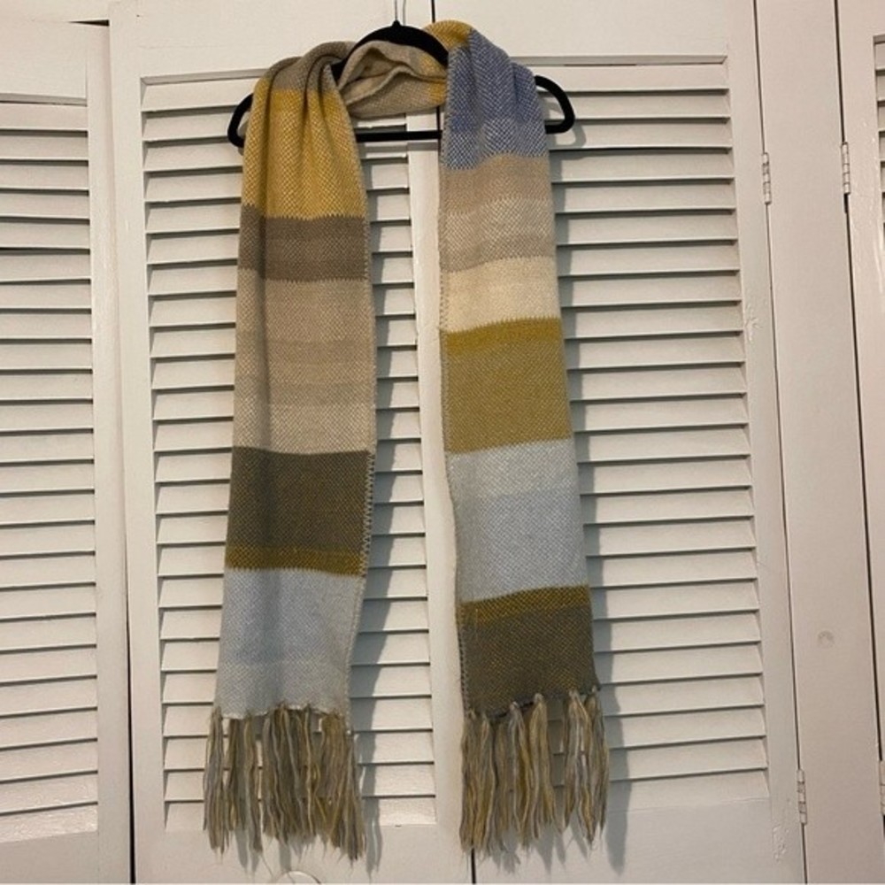 Blue and Yellow Striped Chunky Oversized Fringe Scarf